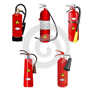 Realistic fire extinguisher set in red color