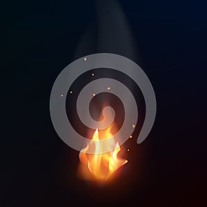 Realistic fire flame on dark background. Isolated vector illustration