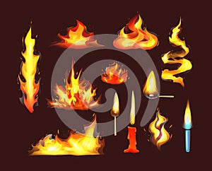 Realistic fire flames set. Red burning fire flame and orange hot flaming heat explosion cartoon, hot flame energy, fire animation