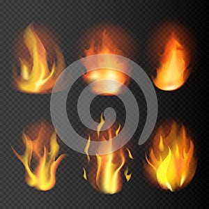 Realistic fire flames set on transparent background. 3D bonfire