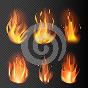 Realistic fire flames set on transparent background. 3D bonfire