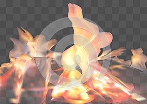 Realistic fire flames set on transparent background. 3D bonfire on transparent background isolated vector illustration.