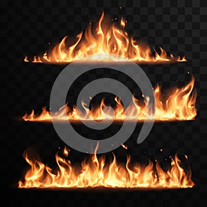 Realistic fire flames set on transparent black background