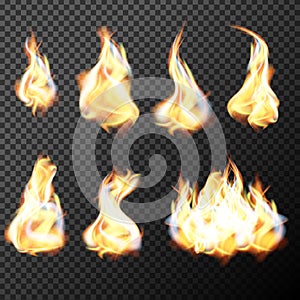 Realistic fire flames set vector on transparent background