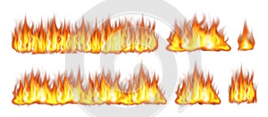 Realistic fire flames set on white background