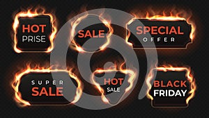 Realistic fire labels. Hot deal and sale offer text banners with shiny flame effect, isolated design objects. Vector