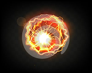 Realistic fireball. Glowing ball. Lighting energy. Orange thunder sphere. Electric lightning. Explosion light