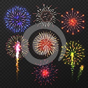Realistic fireworks. Carnival multicolored firework explosion, christmas day celebration pyrotechnic elements isolated