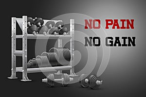 Realistic fitness vector banner with no pain no gain sign of storage shelf full of black iron weight barbell plates and dumbbells