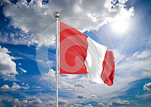 Realistic flag. 3D illustration. Colored waving flag of Peru on sunny blue sky background