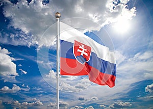 Realistic flag. 3D illustration. Colored waving flag of Slovakia on sunny blue sky background