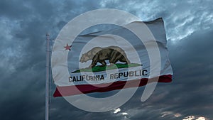 Realistic flag of California waving in the wind against deep heavy stormy sky. 3d illustration