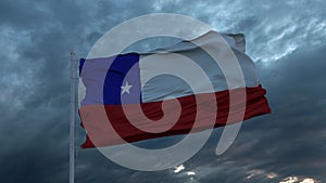 Realistic flag of Chile waving in the wind against deep heavy stormy sky