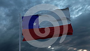 Realistic flag of Chile waving in the wind against deep heavy stormy sky