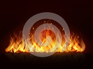 Realistic flame. Burning fiery hot wall, fireplace warm fire, blazing bonfire red flames effect. flaming vector photo