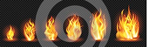 Realistic flame concept. Flaring fire blaze, various size burning spurts of flame, growing wildfire flames isolated