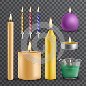 Realistic flame and light, burning candle set