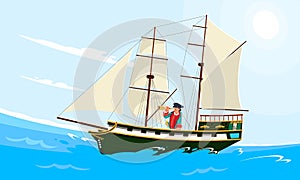 Realistic flat style illustration of an old wooden sailing ship on the water and with the captain on the deck. Ship in