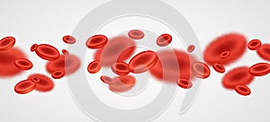 Realistic flowing erythrocyte. 3d red blood cells on white background. Medical concept. Low hemoglobin levels. Vector illustration