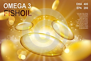 Realistic flyeing Fish oil capsules ads template, omega-3 or vitamin E softgel capsule on golden background. Vector 3D