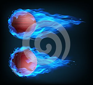 Realistic flying cricket ball in blue fire