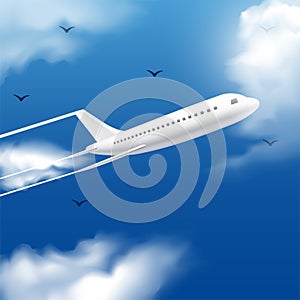 Realistic flying plane in blue sky vector. Realistic airplane in the blue sky with cloud background