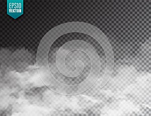 Realistic fog, mist effect. Smoke isolated on transparent background. Vector vapor in air, steam flow. Clouds.
