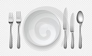 Realistic food plate with spoon, knife and fork. White empty dishes for cafe and restaurants. Cutlery vector top view illustration photo