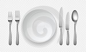 Realistic food plate with spoon, knife and fork. White empty dishes for cafe and restaurants. Cutlery vector top view photo