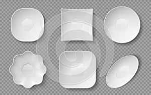 Realistic food plates. White empty crockery, porcelain dishware and glass bowls and restaurant plates. Vector ceramic