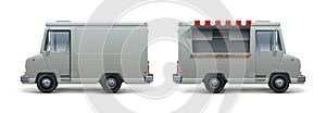 Realistic food truck. Ice cream pizza and street food white trailer for corporate identity, mobile kitchen on wheel with