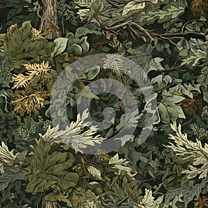 Realistic forest camouflage. Seamless pattern. Conifer and oak branches and leaves.