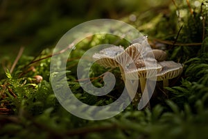 Realistic Forest Floor Macro Ã¢â¬' Mushrooms Growing in Moss with Soft Natural Light