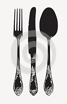 Realistic fork, spoon and knife in vintage style