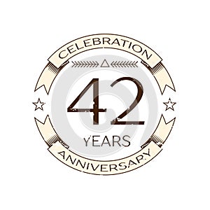 Realistic forty two years anniversary celebration logo with ring and ribbon on white background. Vector template for