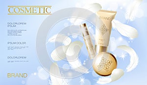 Realistic foundation powder. Tube spray, container golden cosmetic light background blue sunny sky spring white feather