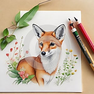 Realistic fox drawing, watercolor drawing, realistic fox