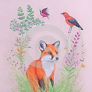 Realistic fox drawing, watercolor drawing, realistic fox