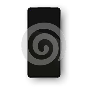 Realistic frameless phone mockup isolated on white background. Left placed selfie camera on the black screen for your