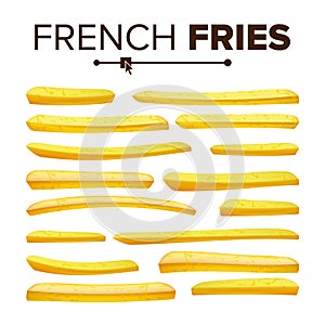 Realistic French Fries Set Vector. Classic American Fast Food Potato Stick. Design Element. Isolated On White
