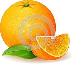Realistic fresh sweet ripe whole orange fruit and slice isolated on white
