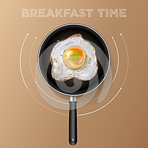 Realistic fried egg vector illustration isolated. Detailed 3d chicken egg top view in frying pan with parsley and spices. Fast