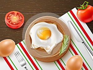 Realistic fried eggs breakfast. Morning fast food, plate top view, fresh tomatoes, natural farm products, rustic serving, fork and