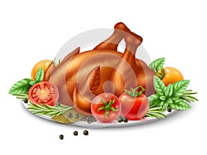 Realistic fried turkey dish. Baked poultry and garnish, tomatoes, herbs and spices, roasted chicken, thanksgiving day