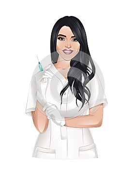 realistic friendly woman nurse in white gloves holding a syringe. Smiling beautiful brunette in female medical uniform