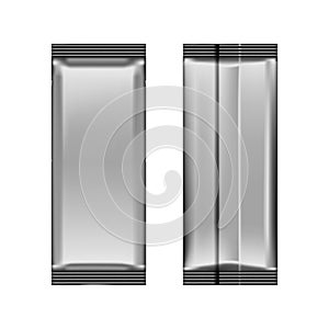 Realistic front and back sides of silver blank flow pack isolated on white background