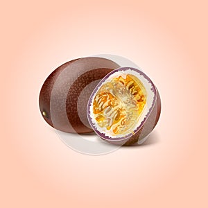Realistic Fruit passion fruit and cut is isolated on background.Vector illustration.