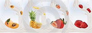 Realistic fruits strawberry, apricot, pineapple, raspberry with milk splashes close up. 3d vector illustration. Set milk