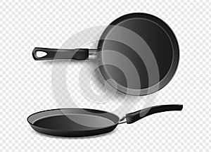 Realistic frying Pan isolated on transparent background. Metallic dishware. Utensil for cooking. Stock realistic vector