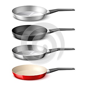 Realistic frying pans. 3d dishes with different coatings, metallic cookware, aluminum, teflon, cast iron and steel